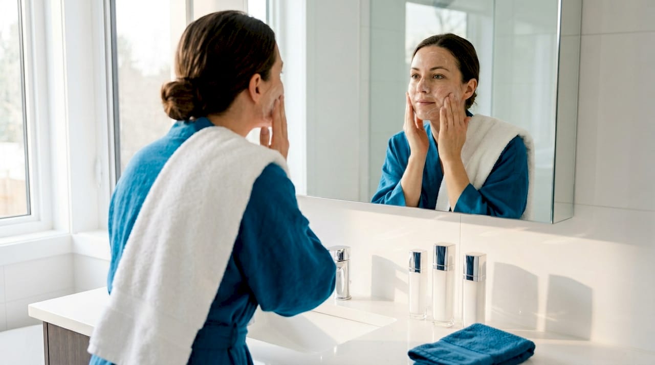 Woman applies cleanser in bright bathroom