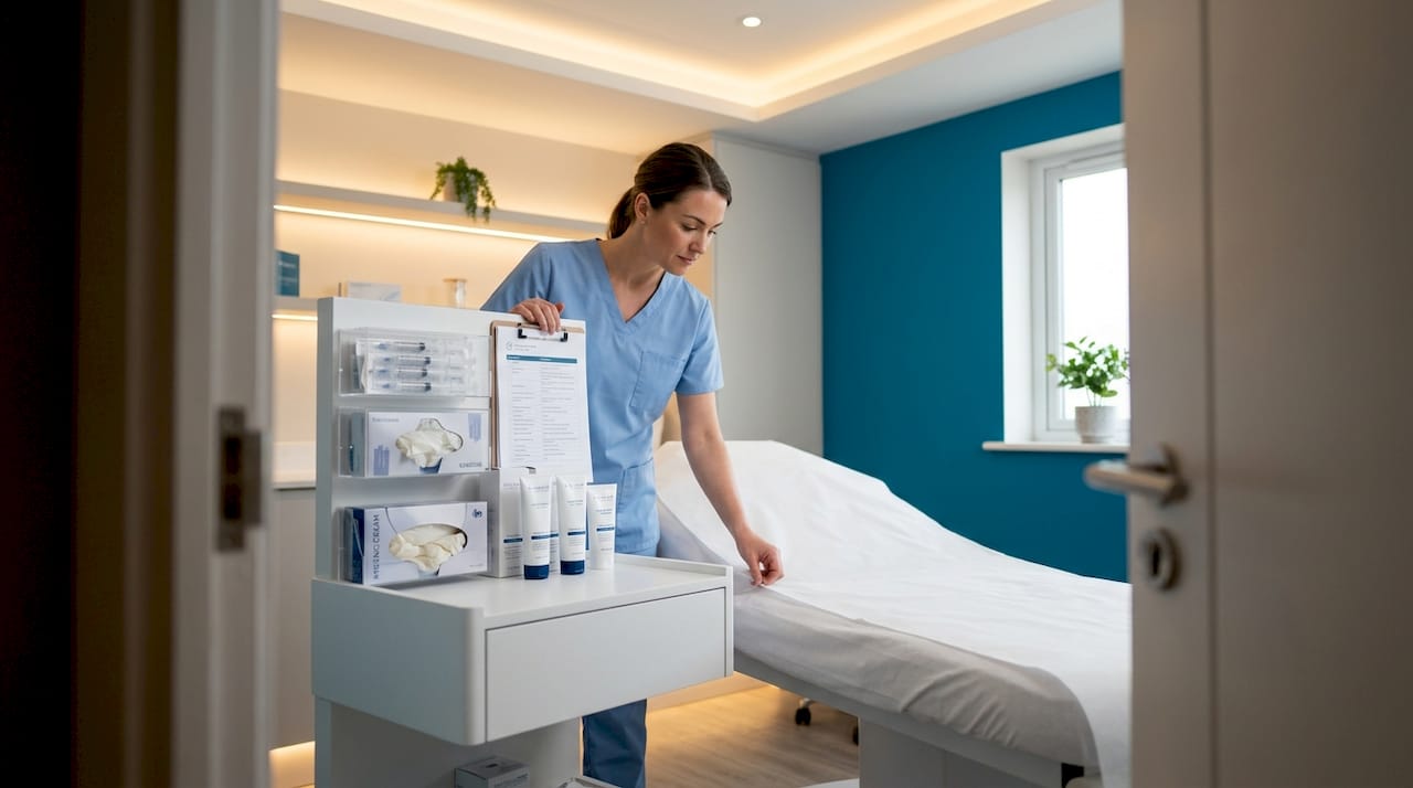 Nurse prepares bed in spa treatment room