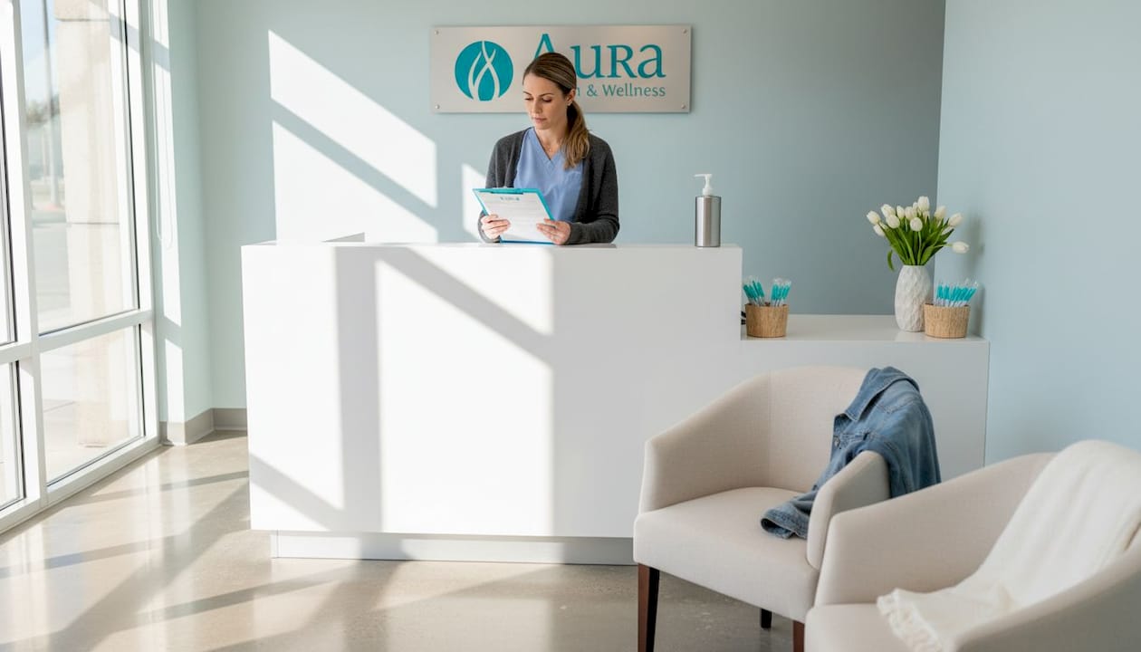 Receptionist reviews forms at medical spa front desk