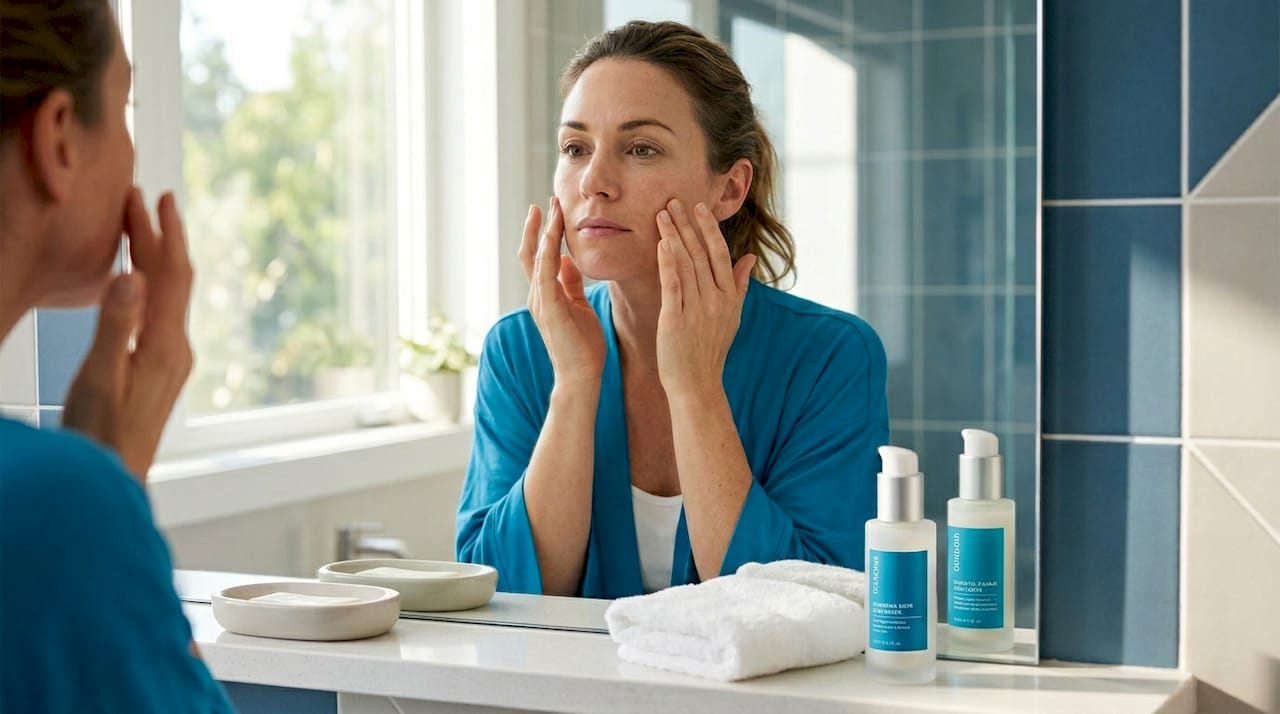 Woman checking skin type at bathroom mirror