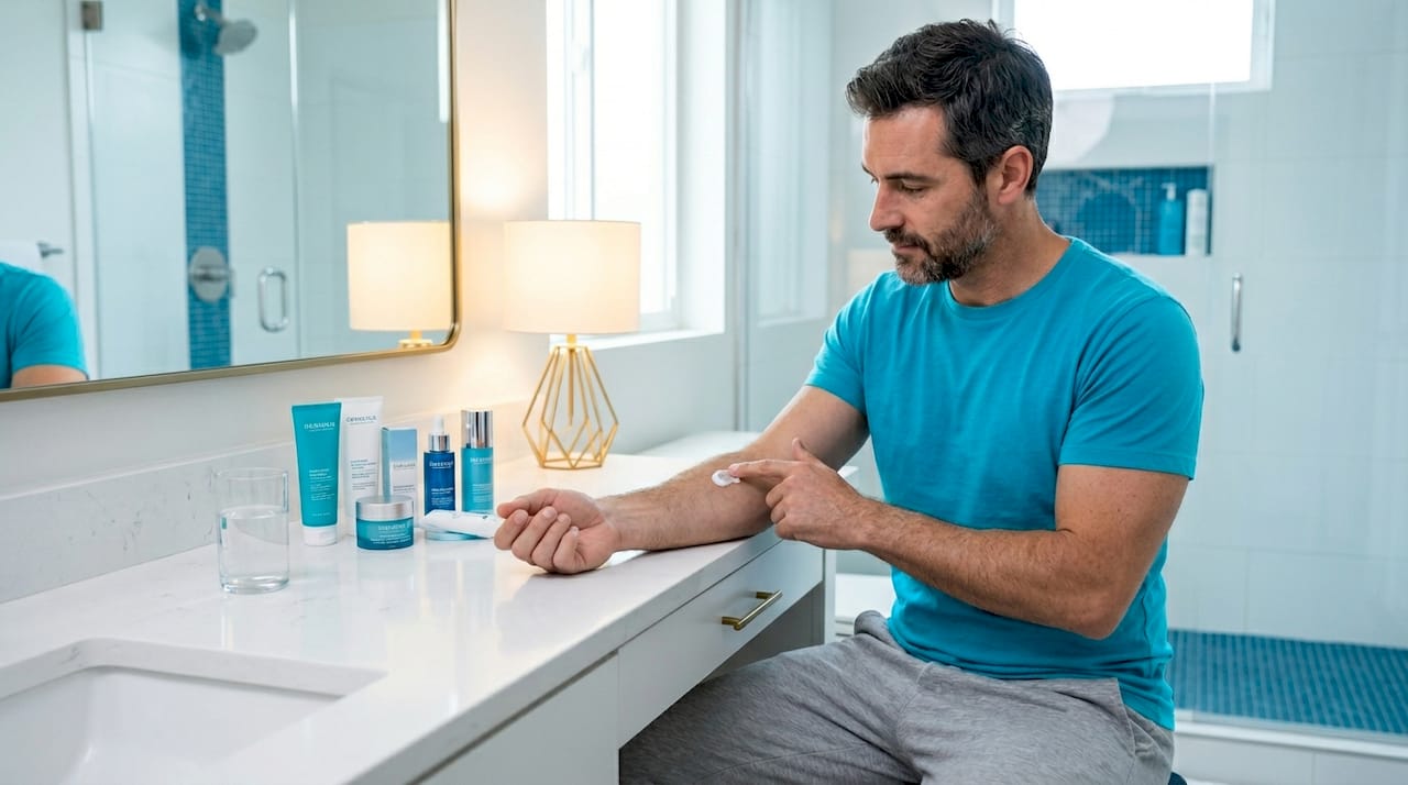 Man patch testing skincare on forearm