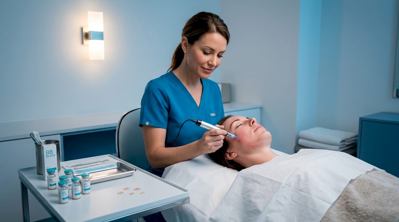 Esthetician applies BB Glow serum treatment