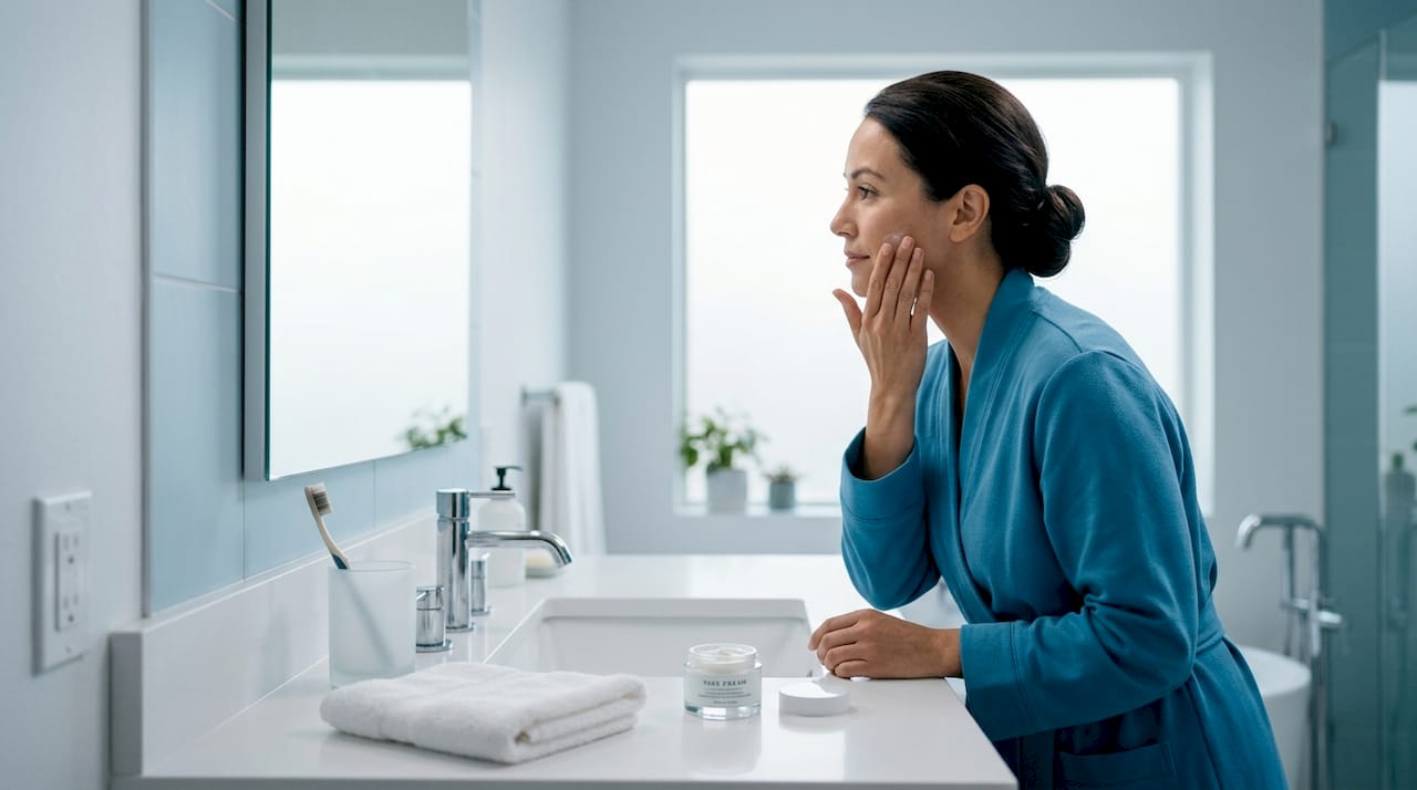 Woman applying skincare in morning bathroom