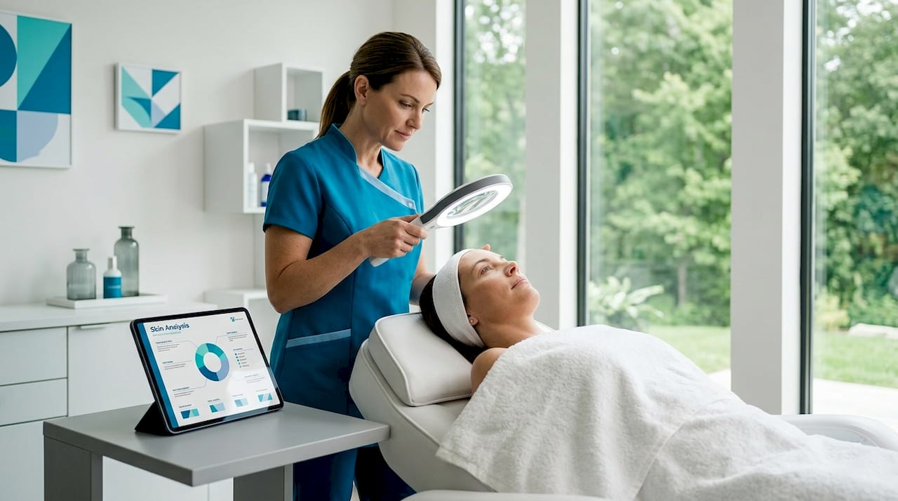 Esthetician performing skin analysis in studio