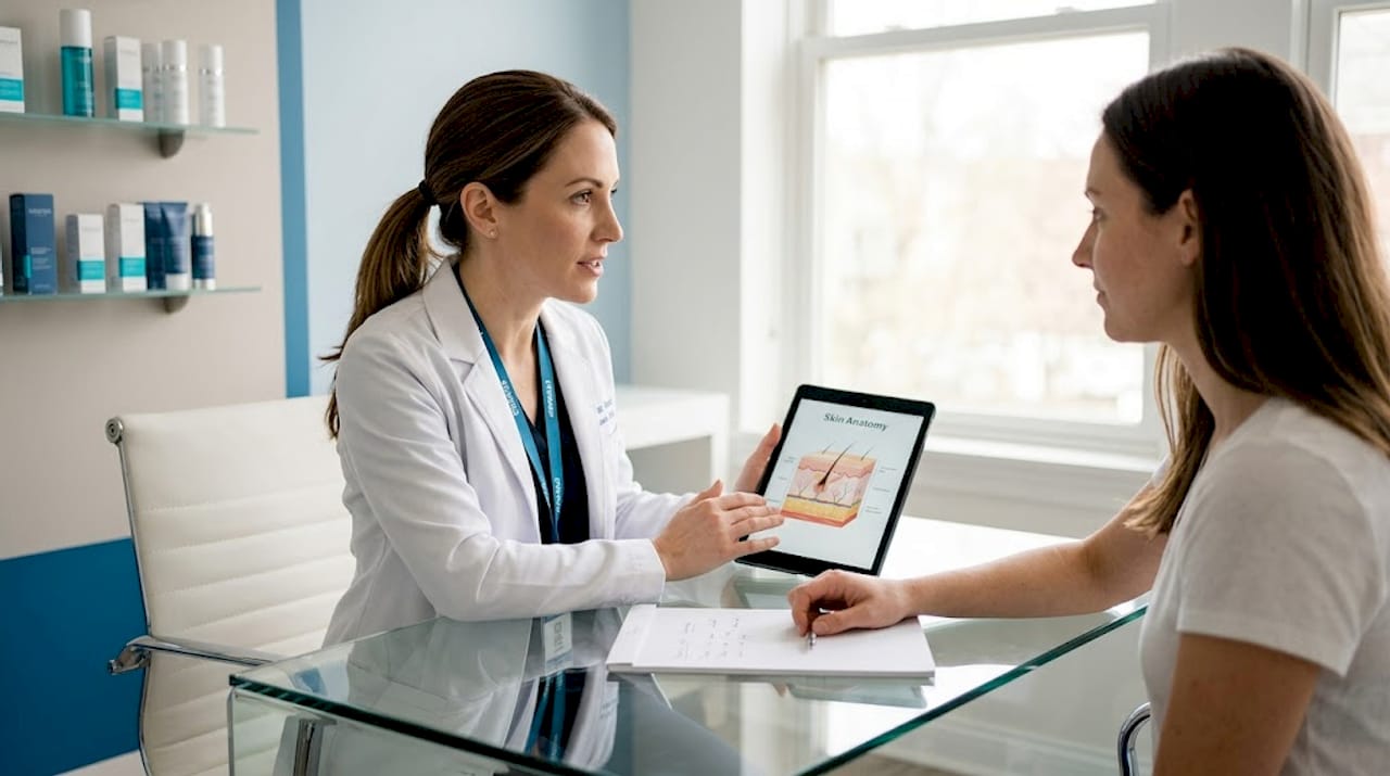 Dermatologist consulting patient about skin treatments