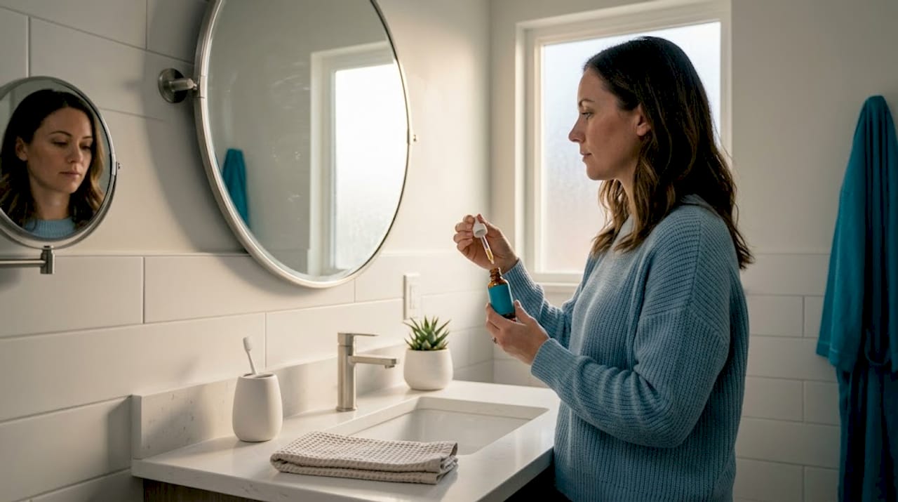 Woman applies vitamin C serum in bathroom