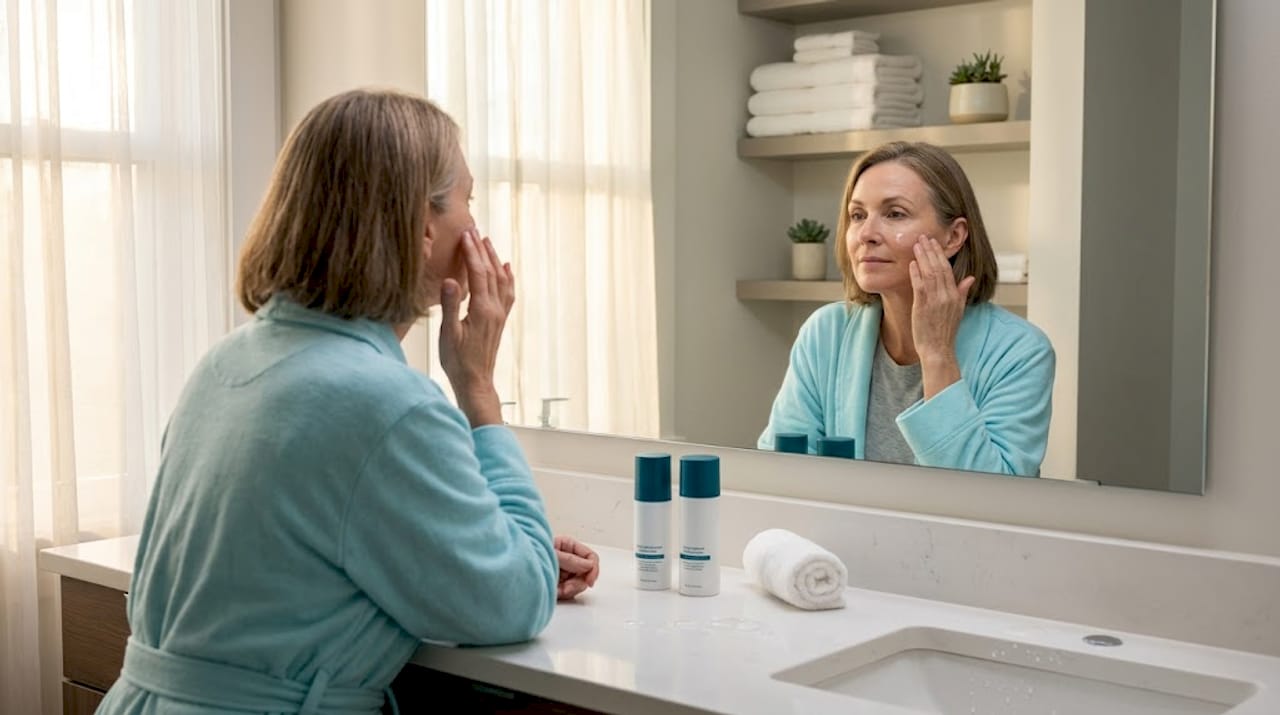 Woman gently applies moisturizer at bathroom vanity