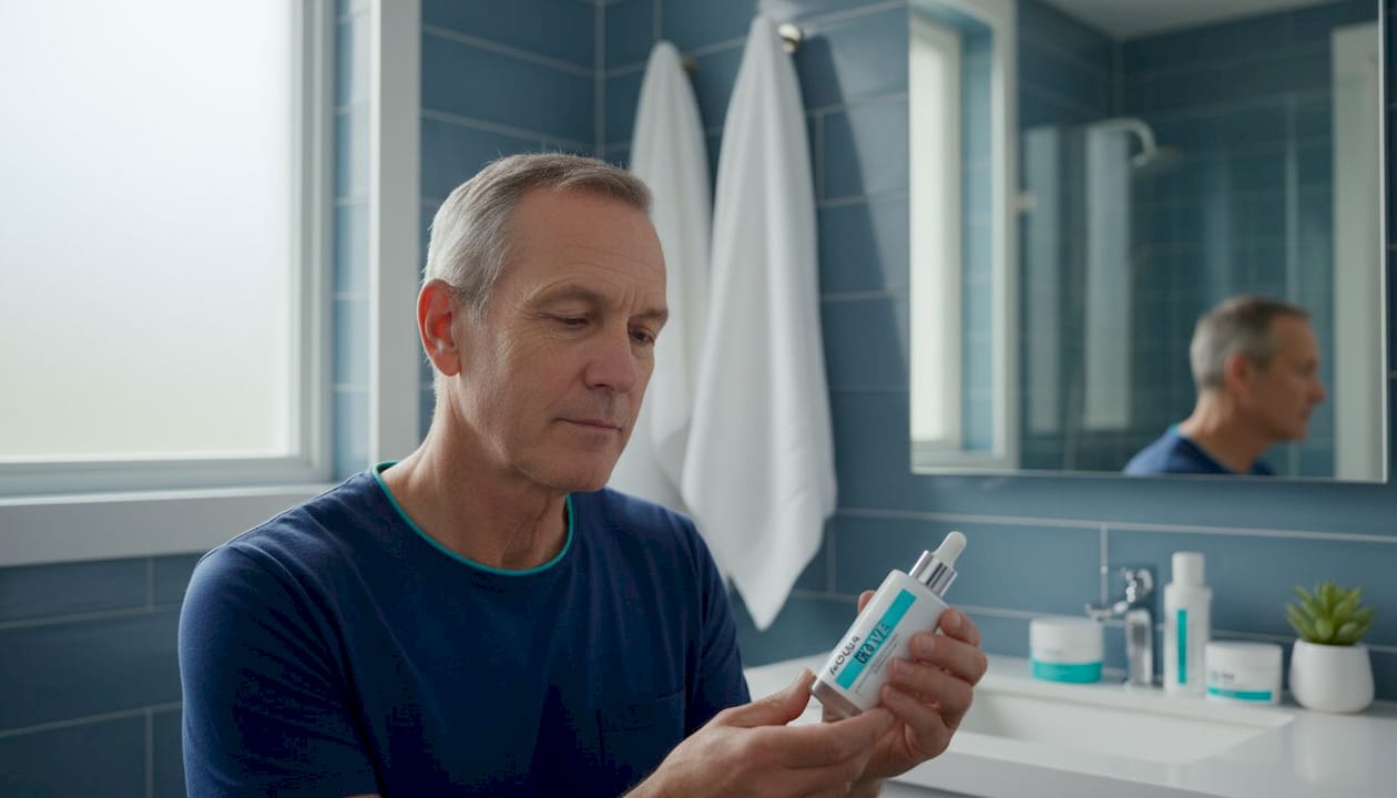 Man checks skin serum label at kitchen counter