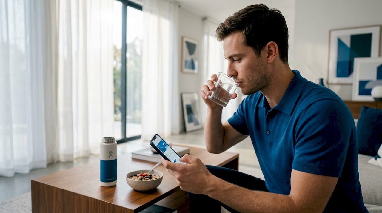 Man staying hydrated before skincare session