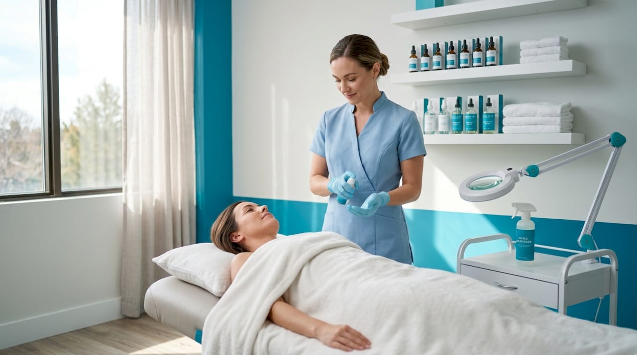 Esthetician preparing cosmetic skin analysis session
