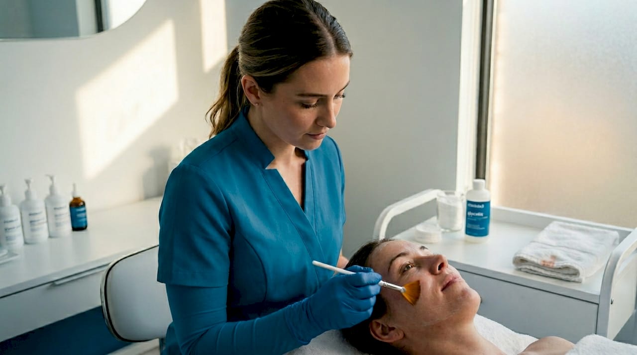 Practitioner applying chemical peel in spa setting