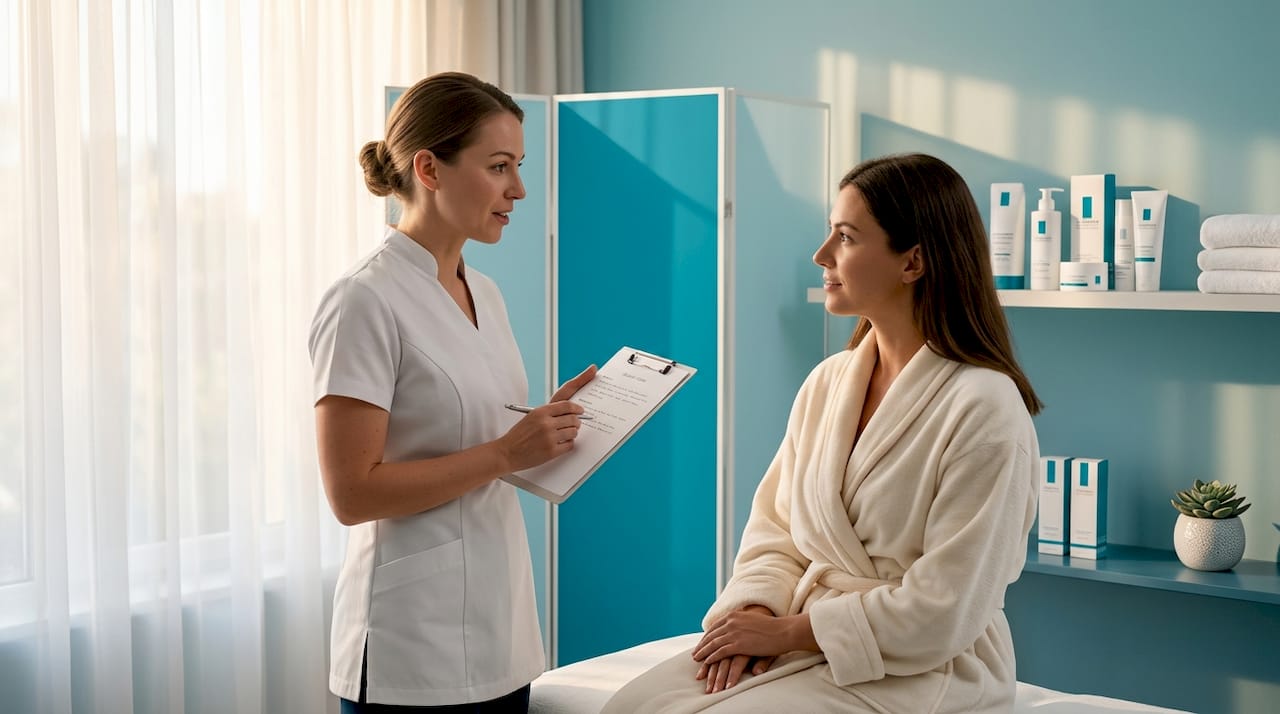 Spa therapist consulting client in treatment room