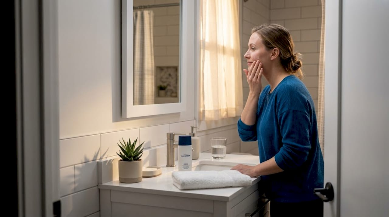 Woman applying skincare at home after BB Glow