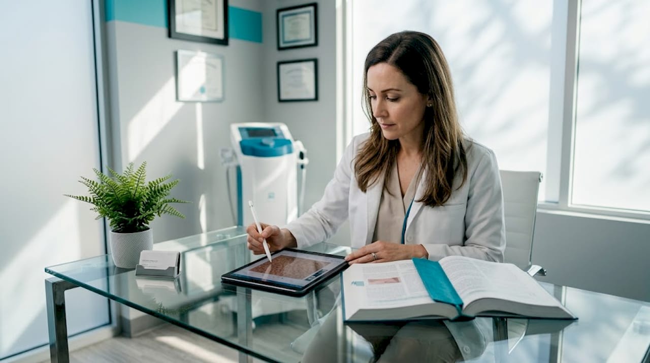 Dermatologist reviews skin texture scan in clinic
