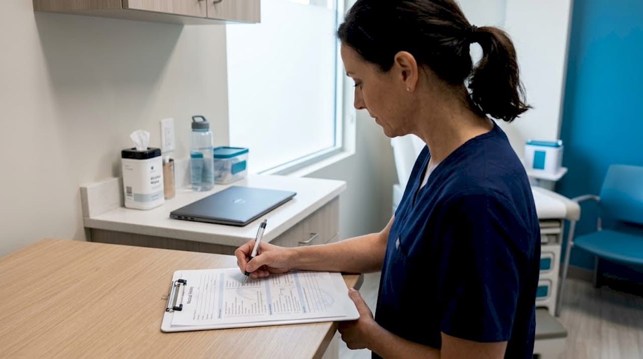Nurse documenting consultation in exam room