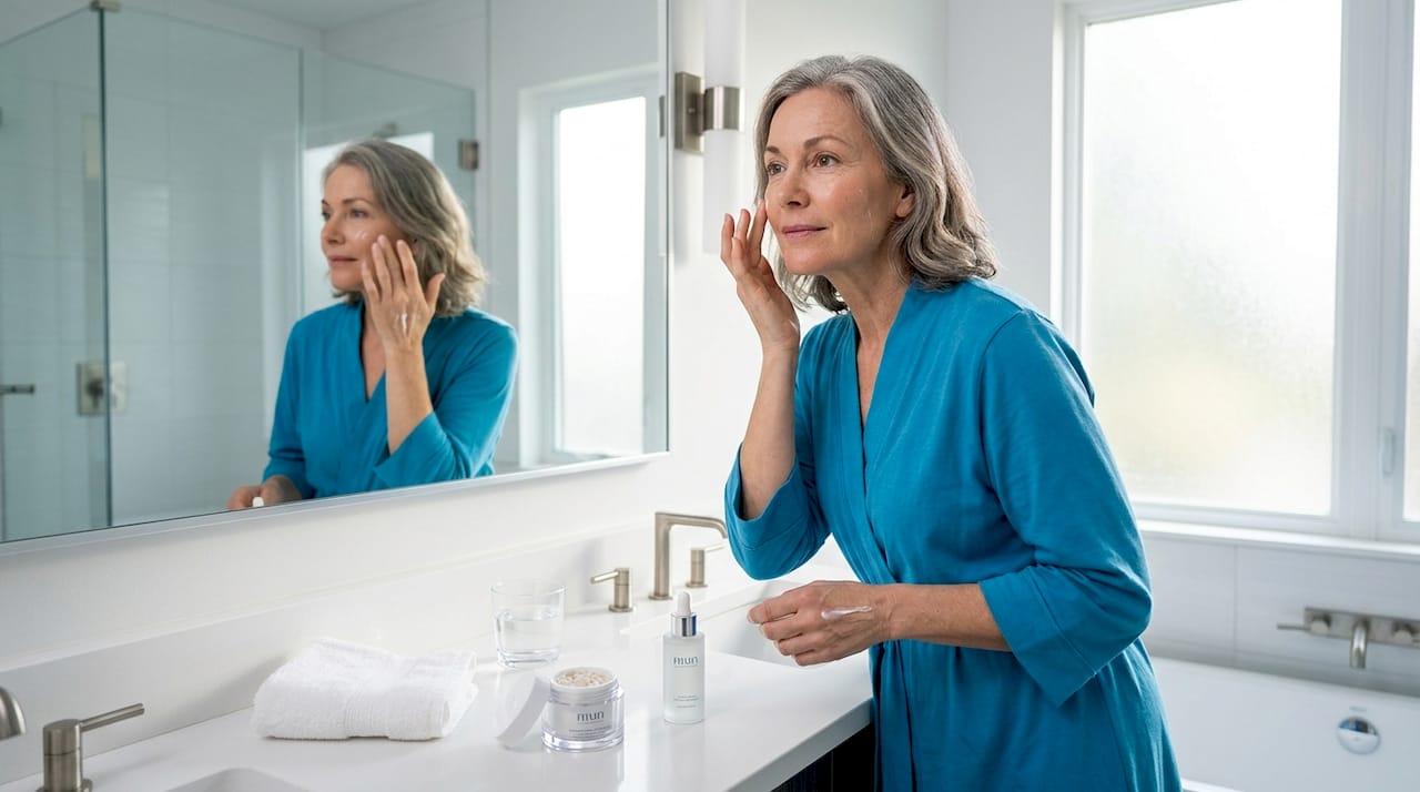 Woman applying serum in bright bathroom