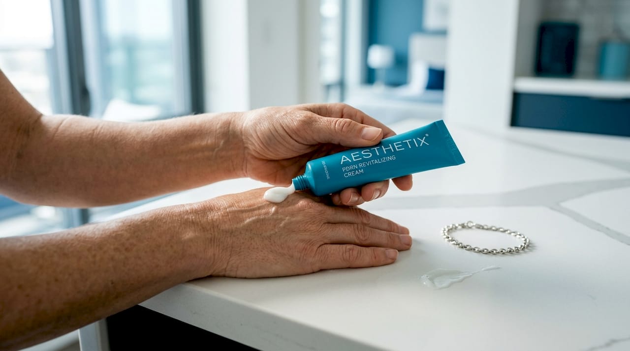 Hands using PDRN cream for hydration