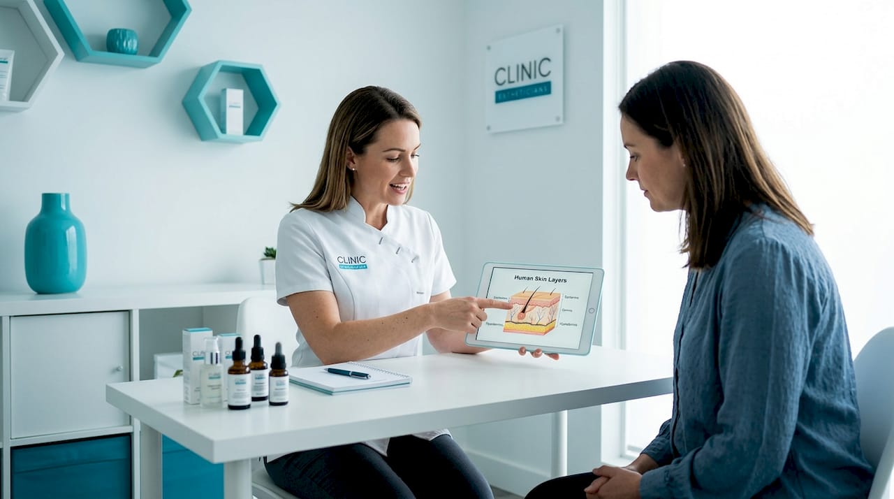 Skincare consultation with esthetician in treatment room