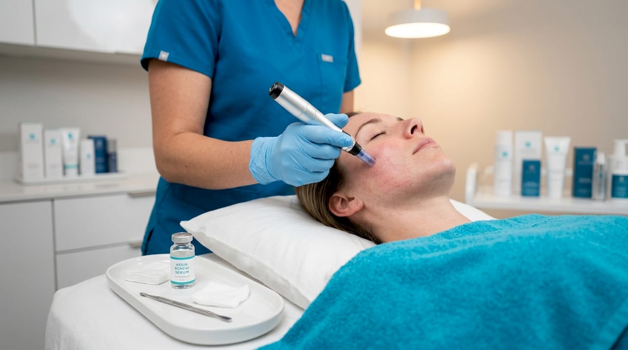 Dermapen applying serum to facial skin close-up