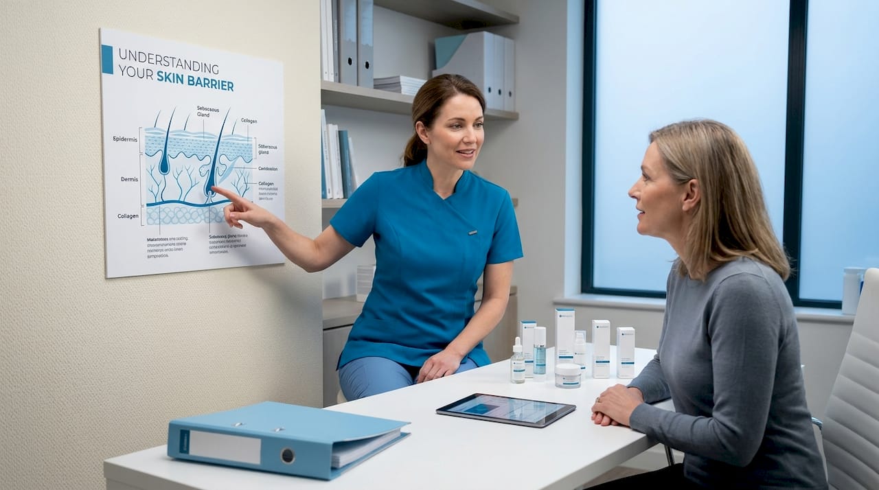 Dermatologist consulting patient about skin treatment