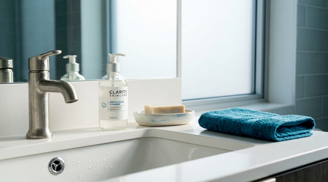Facial cleanser and sink in home bathroom