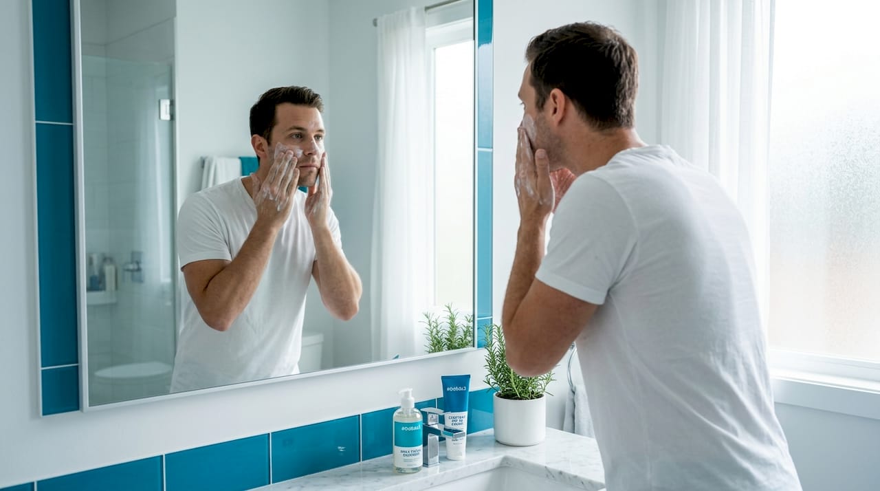 Man applying moisturizer in morning bathroom routine