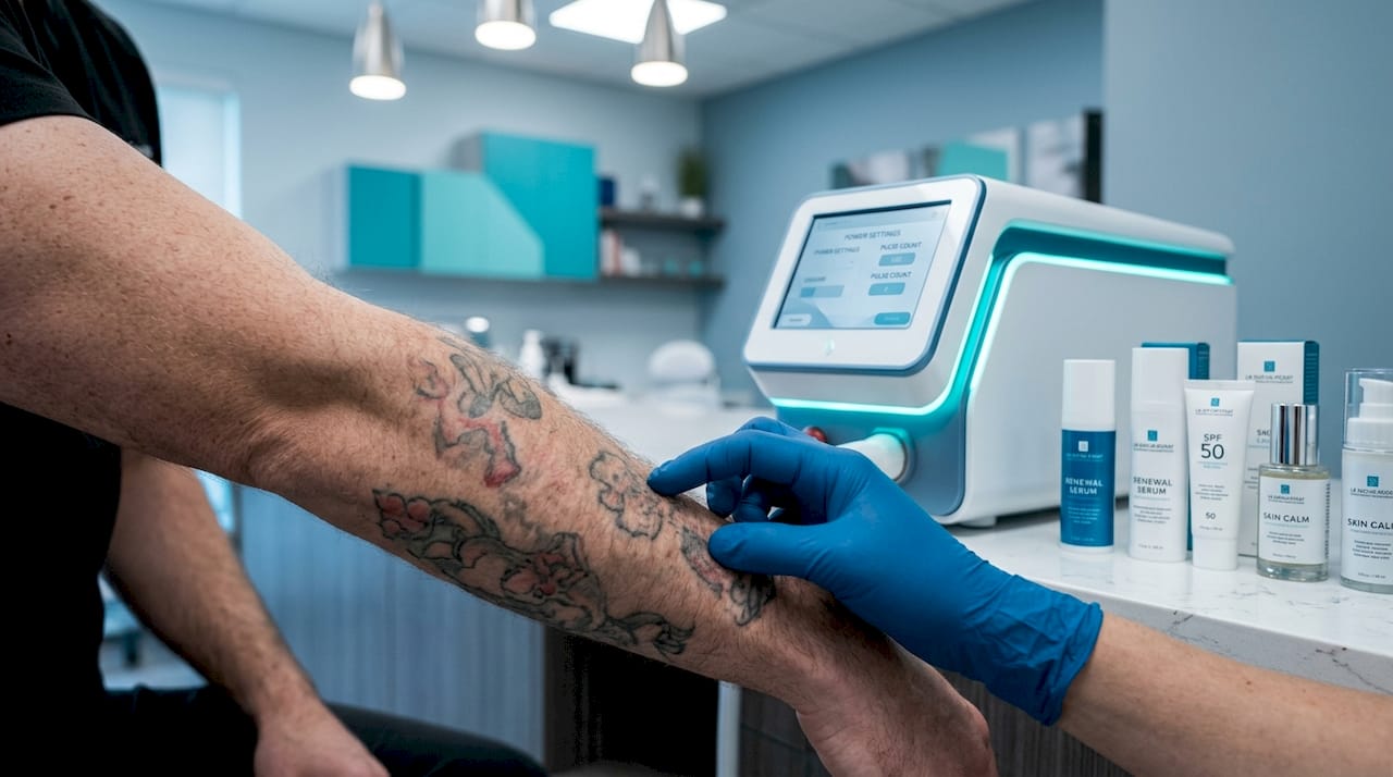 Dermatologist evaluating skin texture for tattoo removal