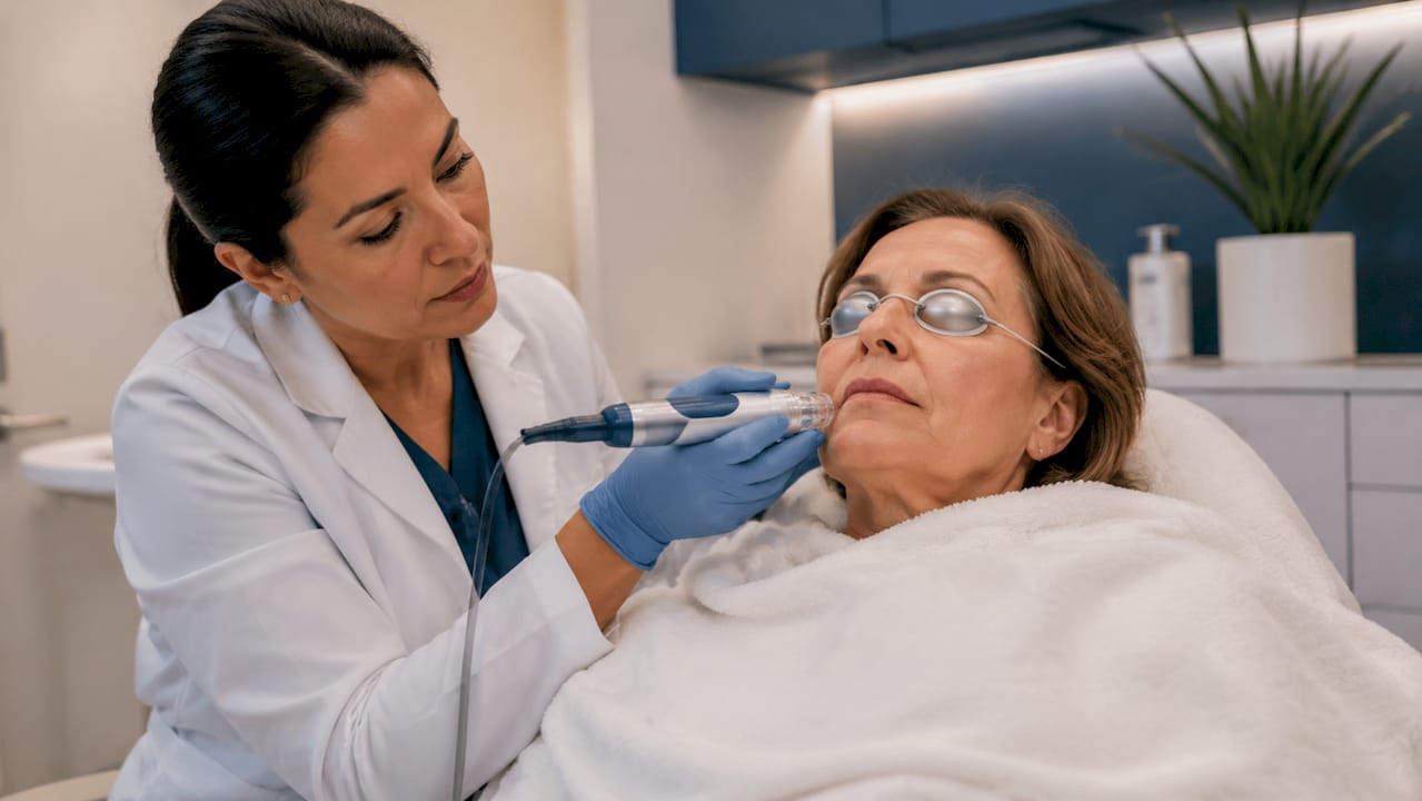 Practitioner performing RF microneedling on client