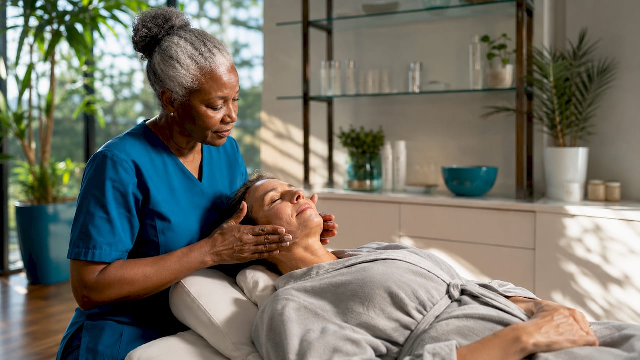 Woman receiving facial serum in spa treatment room