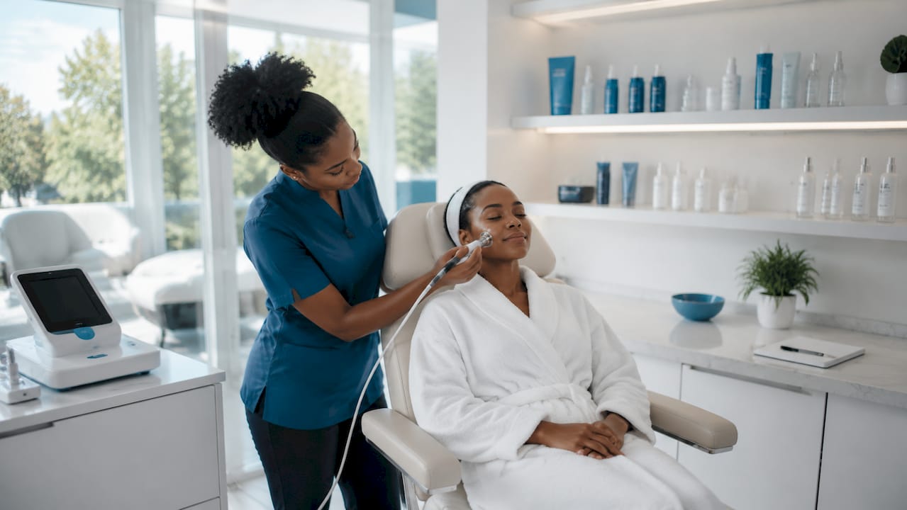 Esthetician performing collagen stimulation facial