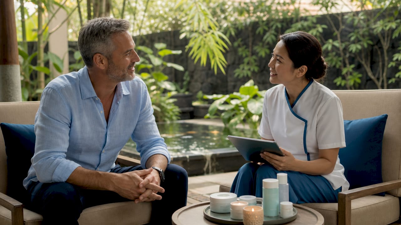 Man consulting spa therapist in consultation room