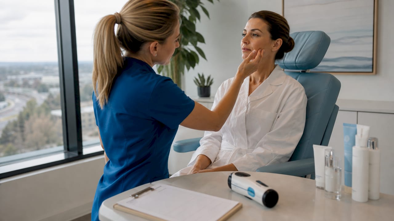 Esthetician performing cosmetic skin assessment