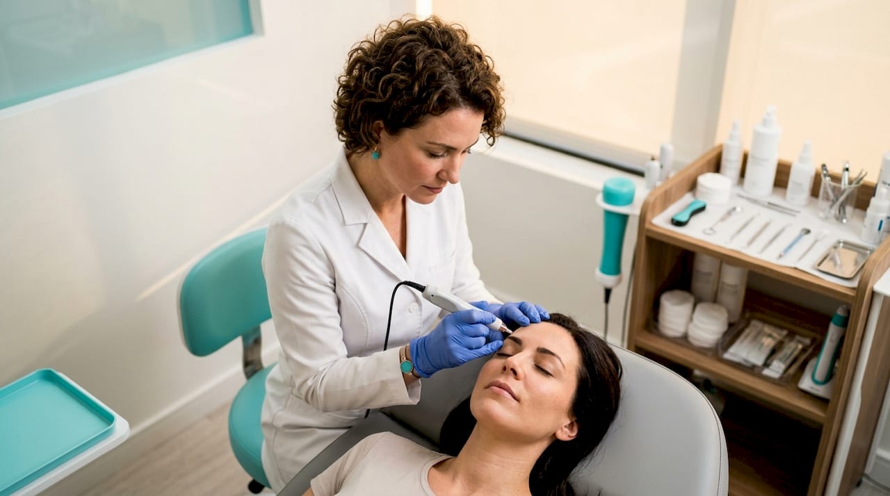 Doctor performing plasma skin tightening procedure