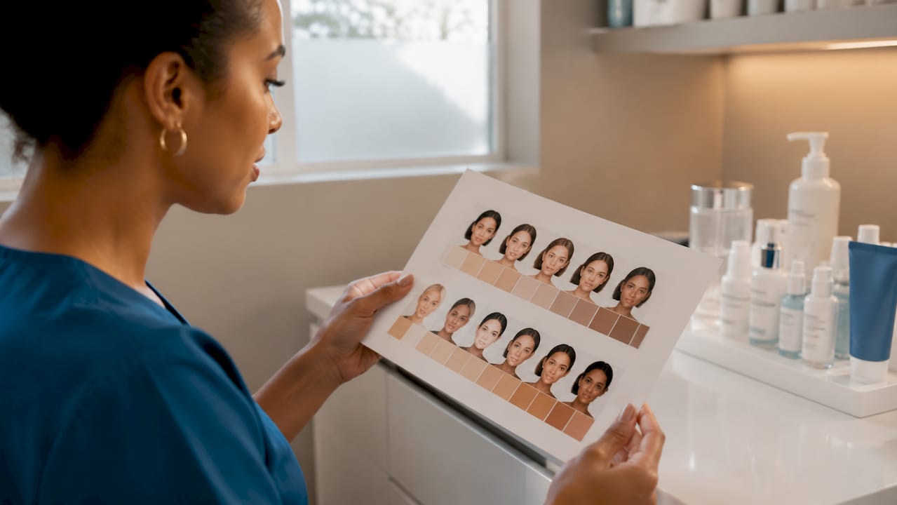 Skin specialist using digital device for acne analysis