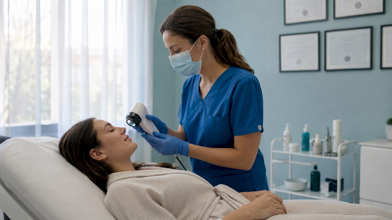 Medical spa clinician assessing patient skin condition