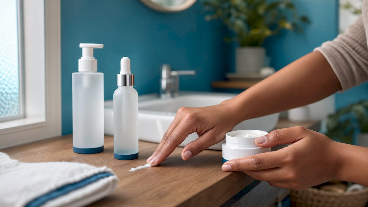 Hands applying fragrance-free moisturizer