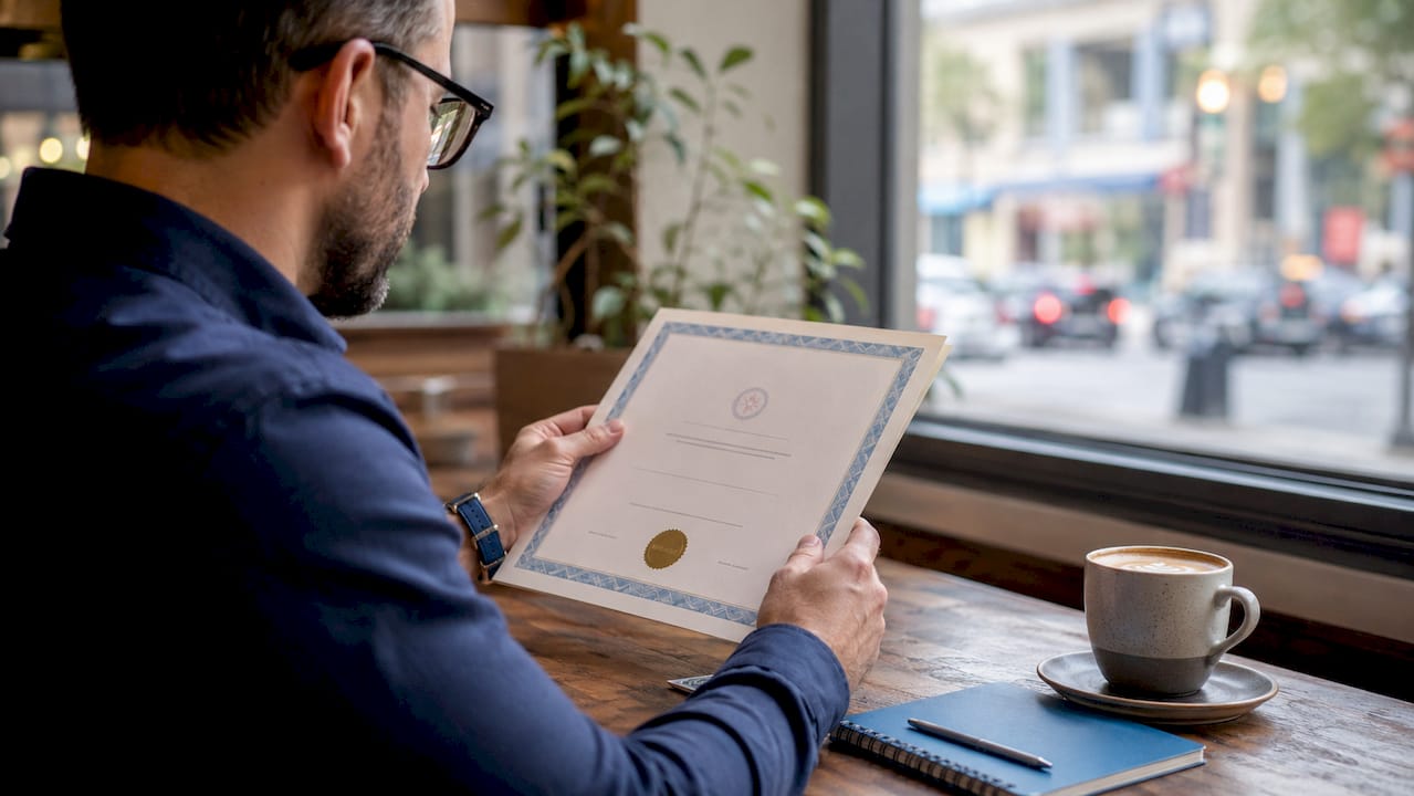 Hands holding medical spa certification document