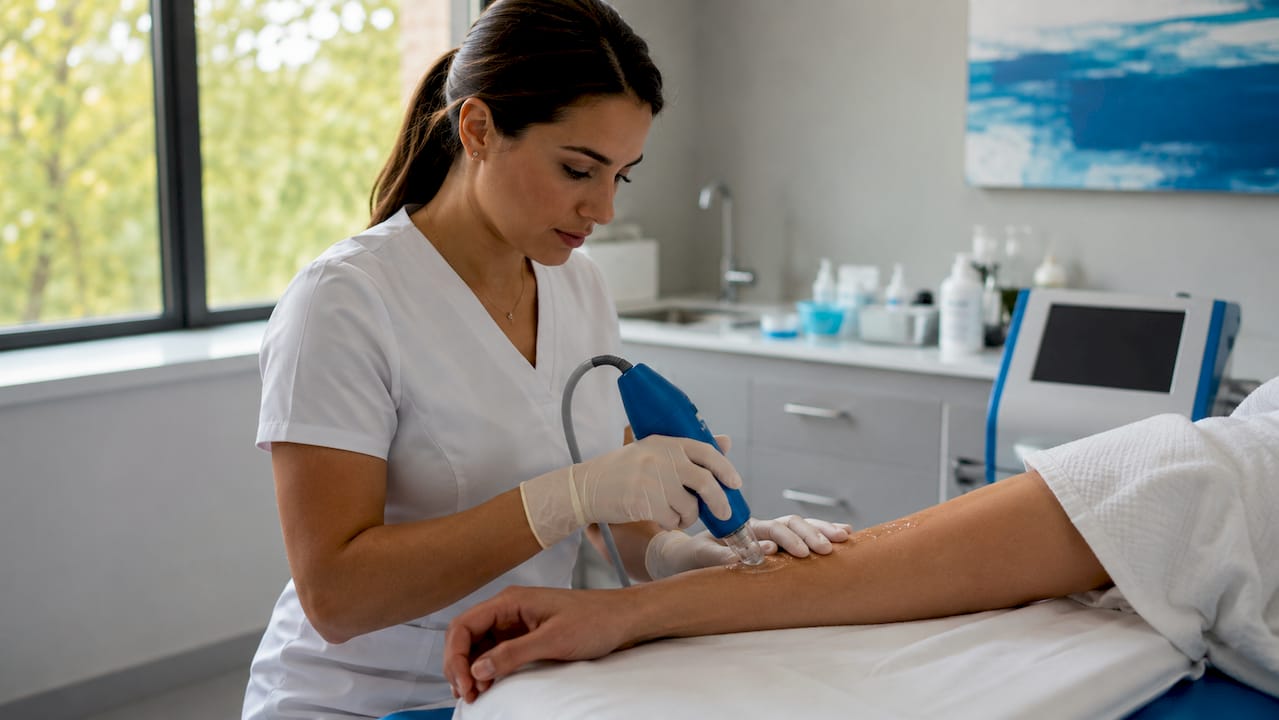 Hands performing clinical microneedling treatment