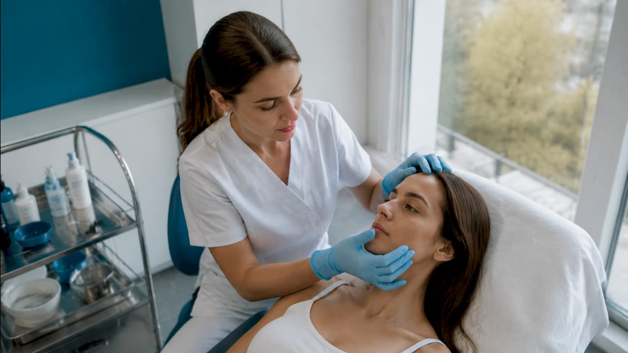 Paramedical technician examining patient's facial skin