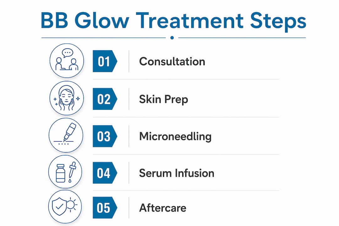 Infographic illustrating BB Glow microneedling treatment steps