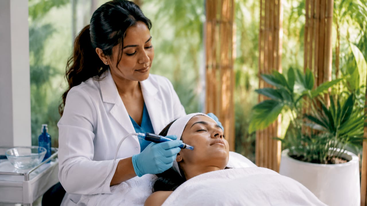 Esthetician performing microneedling on client's face