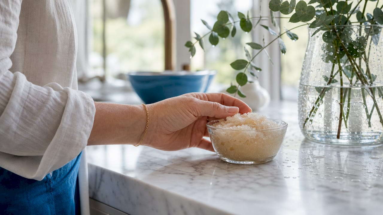 Close-up of exfoliating scrub on hand near sink