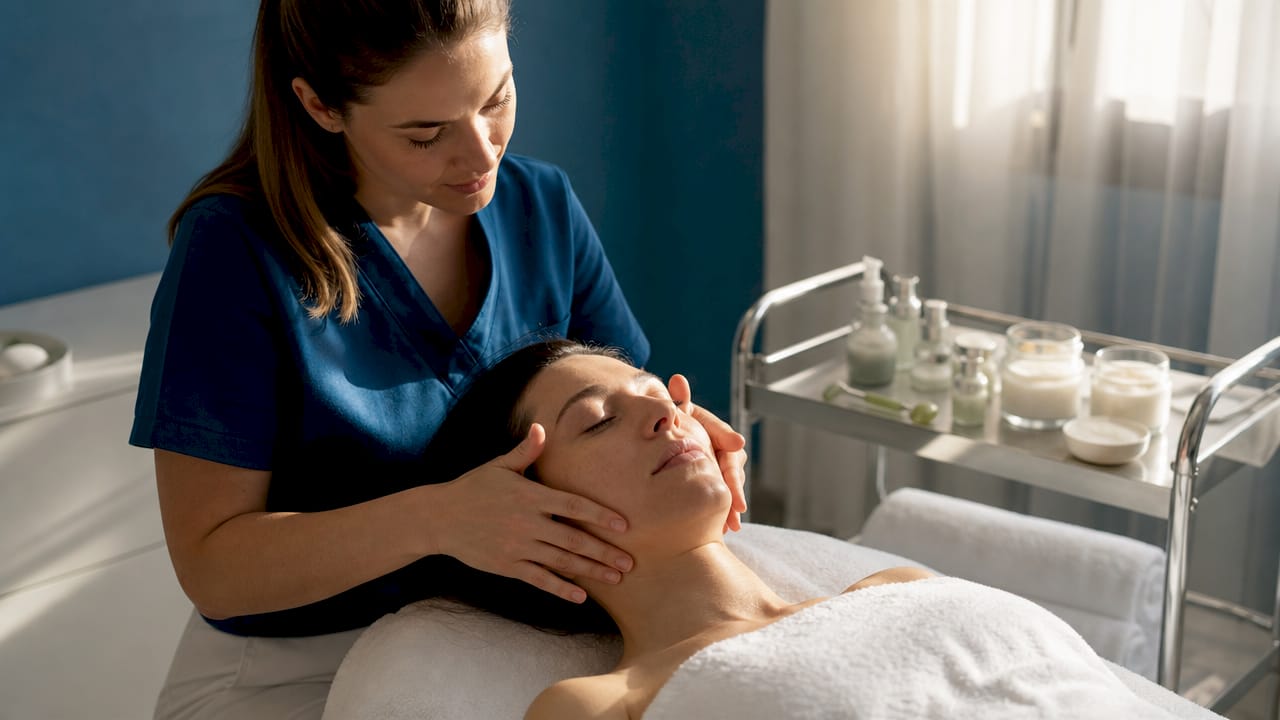 Esthetician giving facial treatment in spa clinic