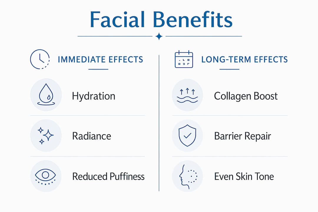 Infographic contrasting immediate and long-term facial benefits