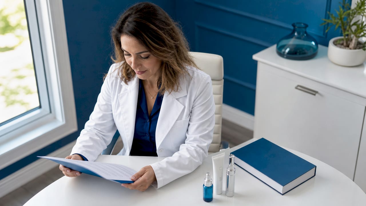 Dermatologist reviewing skin assessment in clinic