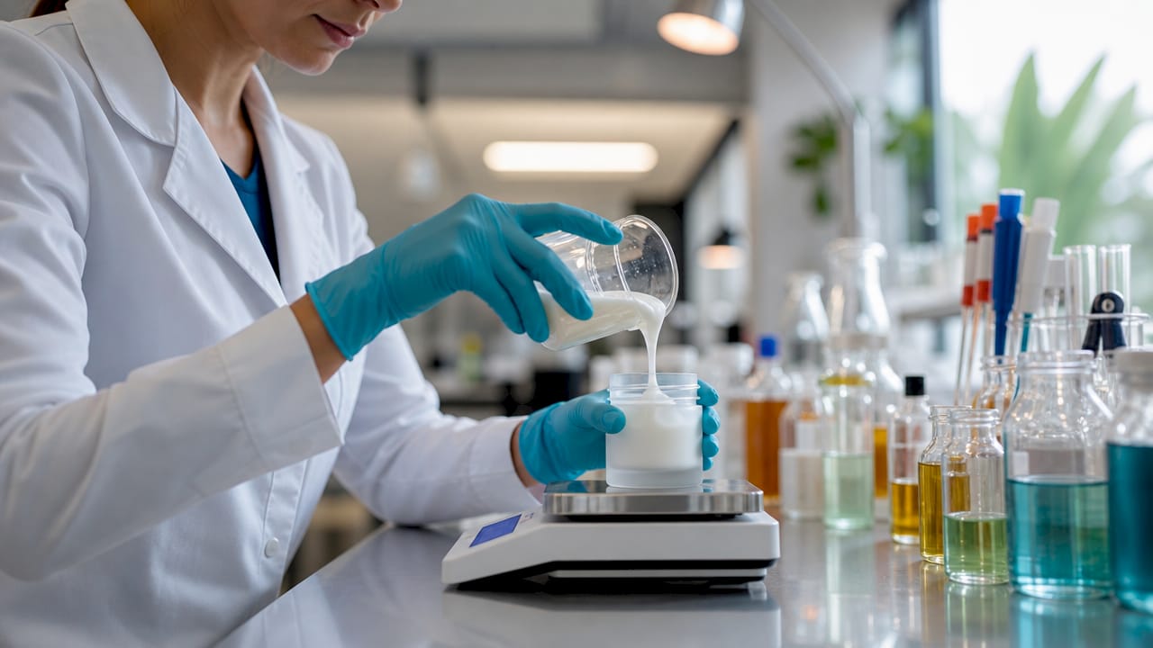 Chemist mixing medical-grade skincare cream in lab