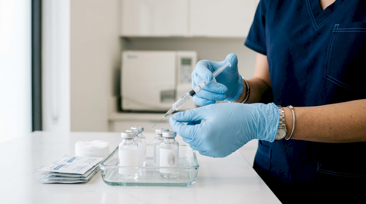 Hands preparing injectable treatment syringe