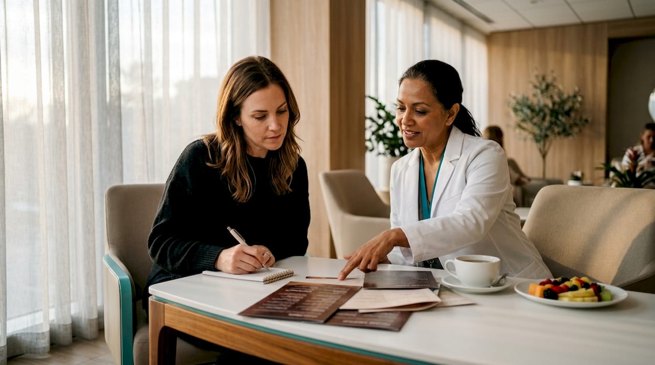 Client and specialist reviewing medical spa menus