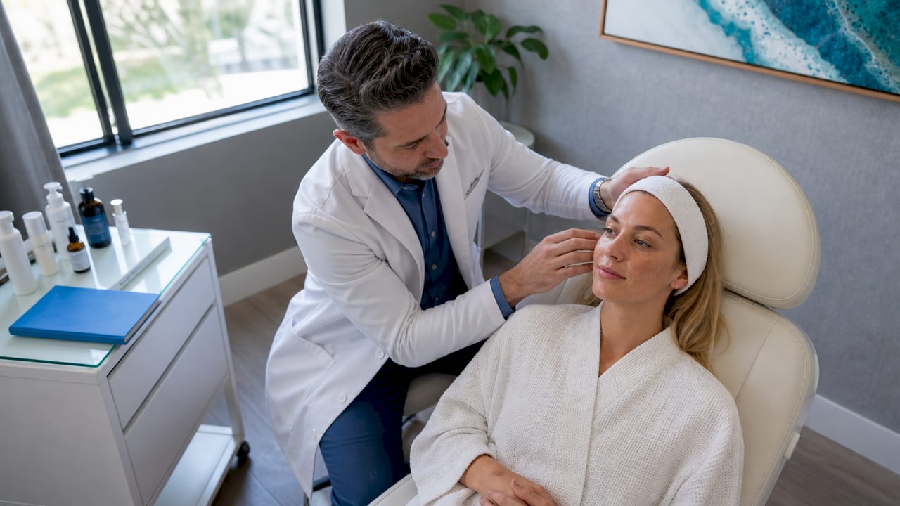 Provider assessing client skin condition