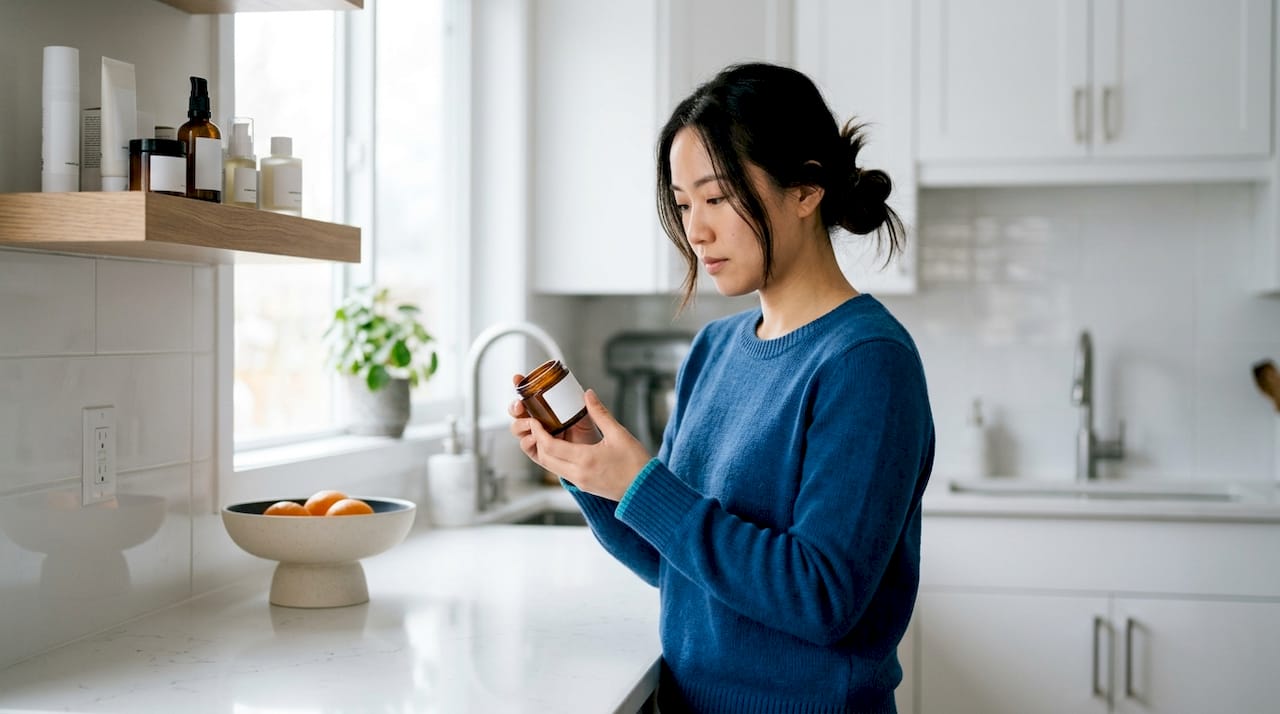 Woman checking skincare cream in bright bathroom